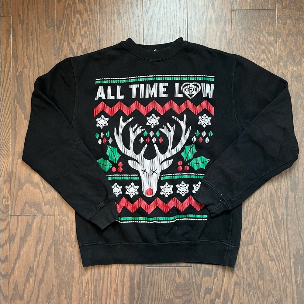 Hot Topic Black Crewneck Sweater with Festive Red & Green Reindeer Graphic